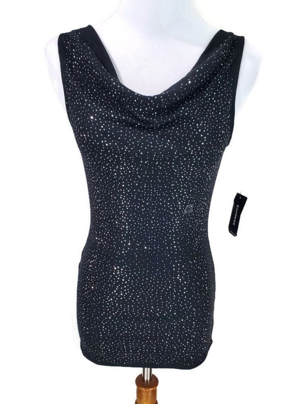 NWT EXPRESS Black Cowl Neck Silver Studded Y2K Tank Top Sparkly Detail XS